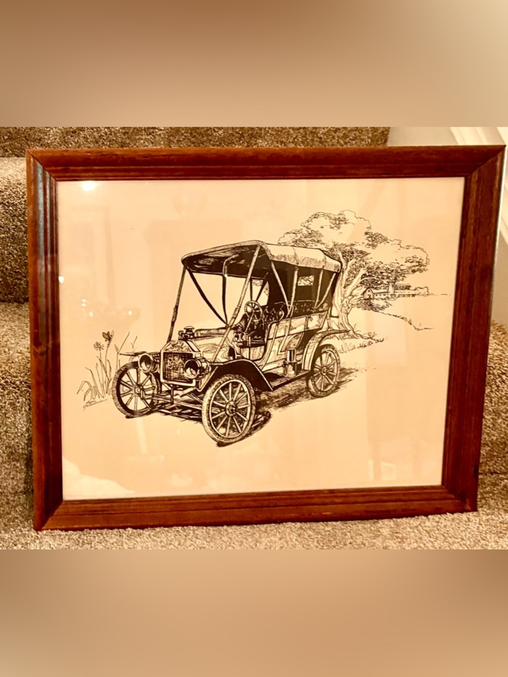 Vintage Oak Framed Ink Drawing Lynn Gertenbach, Ford T, Circa 1970
